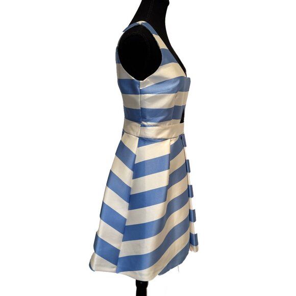Topshop Blue White Stripe Cutout Mini Dress Size 6 Fitted Sleeveless V-Neck - Picture 6 of 9